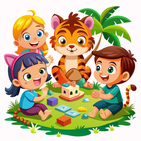 Three children and a tiger playing with blocks and toys in the grass under a palm tree.のイラスト素材