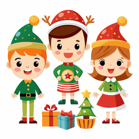 Three cute kids dressed in festive Christmas outfits, standing together with gifts and a small Christmas tree.のイラスト素材