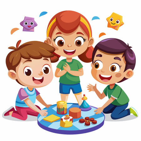 Three kids playing a board game with colorful pieces.のイラスト素材