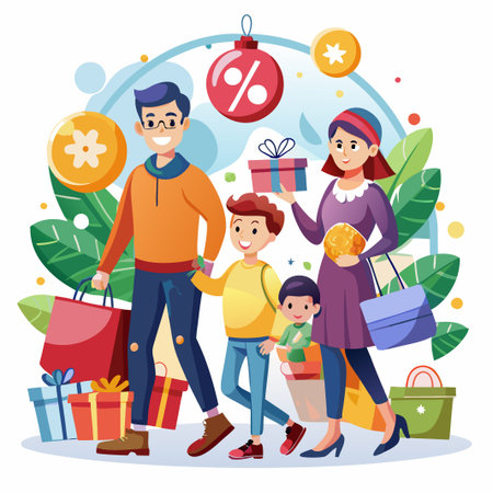 Happy family with shopping bags and gifts, walking together.のイラスト素材