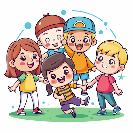 Four happy kids smiling and standing on green grass.のイラスト素材