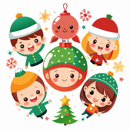 Four cute kids holding ornaments and smiling around a Christmas tree.のイラスト素材