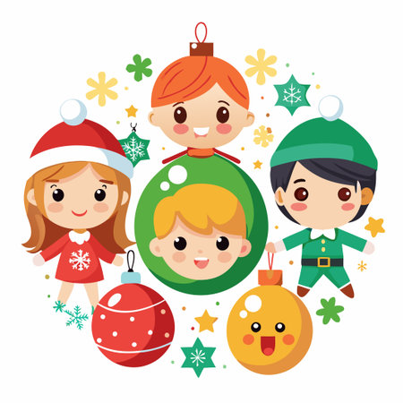 Kids dressed as Christmas ornaments smiling.のイラスト素材