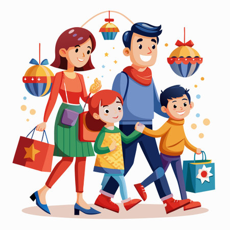 Happy family of four with shopping bags walking together.のイラスト素材