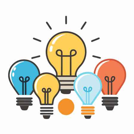 Five colorful light bulbs with one glowing, representing ideas and innovation.のイラスト素材