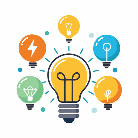Bright yellow light bulb with smaller bulbs around it symbolizing new ideas.のイラスト素材