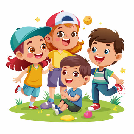 Four happy kids standing and sitting on grass, one with a ball in their hand.のイラスト素材