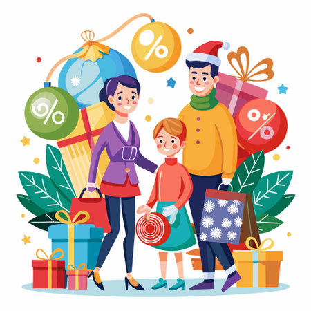 Happy family Christmas shopping with discounts and gift boxes.のイラスト素材