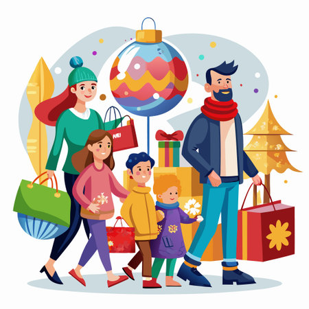 Happy family of four is walking in a winter wonderland with shopping bags, and presents while carrying Christmas ornaments and a Christmas tree.のイラスト素材