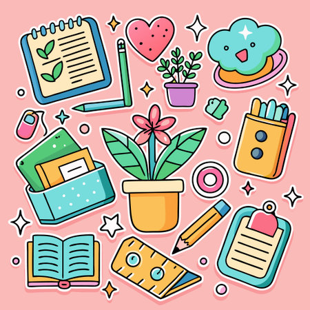 Colorful cute school supplies, office stickers, notebook, pencil, heart, book, flower pot, cloud,  on pink background.のイラスト素材