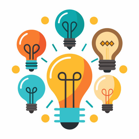 A large yellow light bulb surrounded by smaller colored light bulbs on white background.のイラスト素材