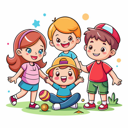 Happy children playing in the grass with a colorful ball.のイラスト素材