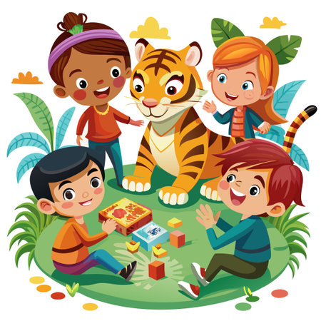 Four happy children playing with blocks and a friendly tiger in the jungle.のイラスト素材