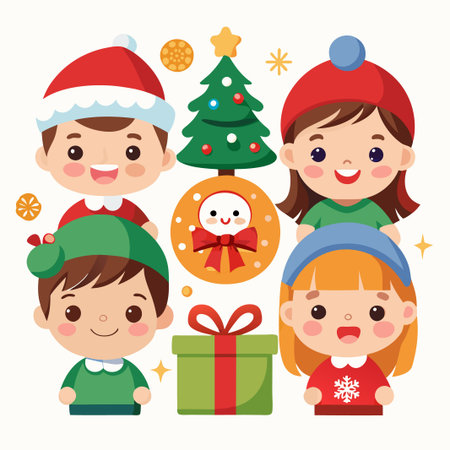Cute children in winter clothes celebrating Christmas with a Christmas tree, a snowman wreath, a gift, and cookies.のイラスト素材