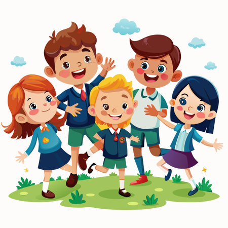 Four happy school children standing together on a green lawn with clouds in the background.のイラスト素材