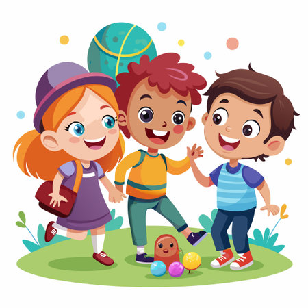 Three kids smiling and holding hands while playing in a park.のイラスト素材