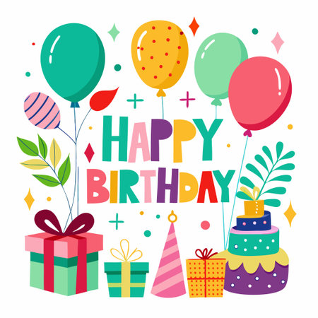 Colorful Birthday Illustration with Balloons, Cake, and Presents.のイラスト素材