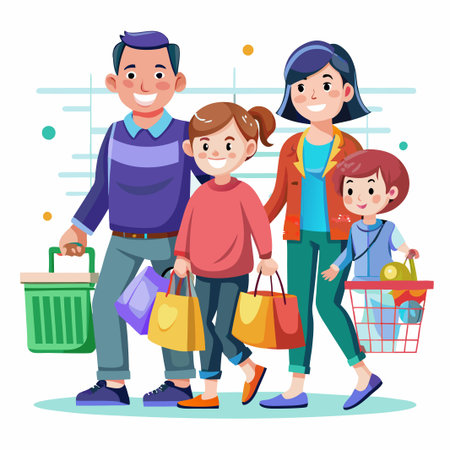 Happy family of four shopping together, carrying bags and a basket.のイラスト素材