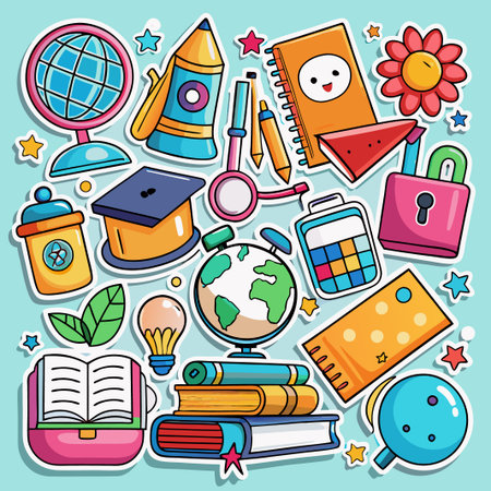 Colorful Back to School Stickers with Globe, Books, Pencil and More.のイラスト素材