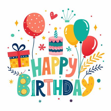 Colorful Happy Birthday Card with Balloons, Cake, and Gift.のイラスト素材