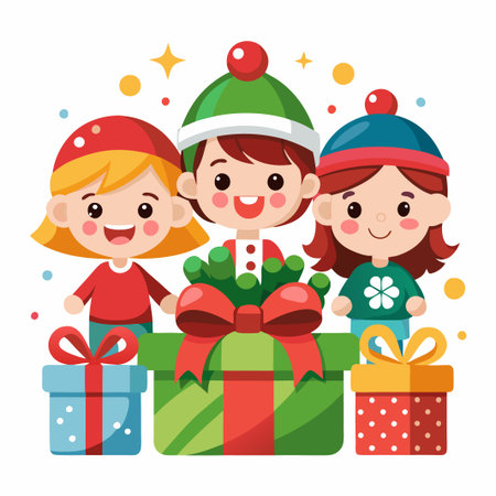 Three kids in winter hats smiling and holding gifts.のイラスト素材