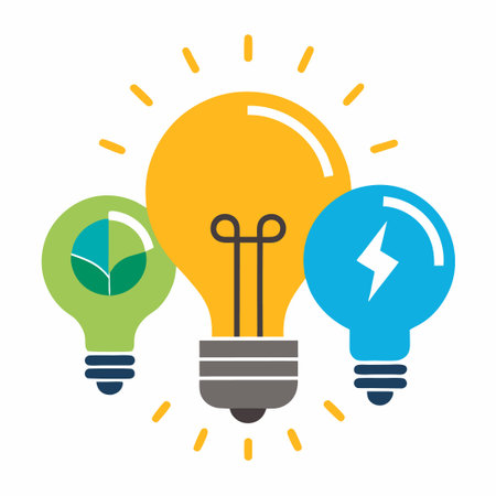 Three light bulbs with different symbols representing ideas, green leaf, lightning and a yellow light bulb.のイラスト素材