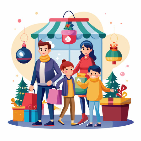 Happy family Christmas shopping with gifts and decorated trees.のイラスト素材