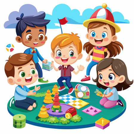 Happy kids playing games together on a colorful mat.のイラスト素材
