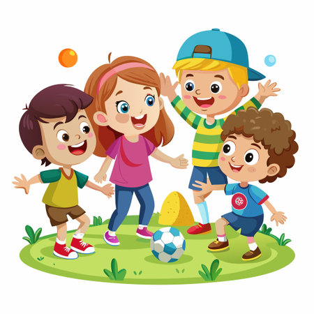 Four happy kids playing together in a park, with one holding a soccer ball.のイラスト素材