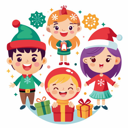 Four cute kids in festive attire with presents for Christmas.のイラスト素材