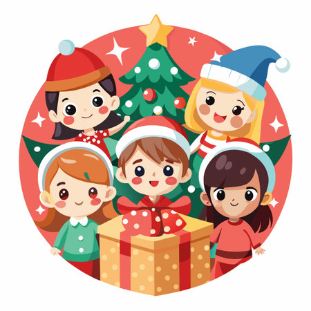 Cute kids celebrating Christmas with a big gift box in front of a Christmas tree.のイラスト素材