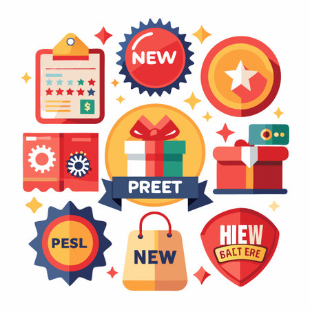 Colorful flat design badges and icons with new, star, gift, and shopping bag symbols.のイラスト素材