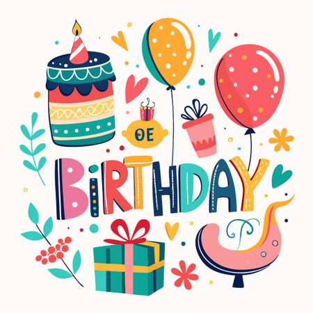 Colorful birthday card with cake, balloons, presents, and a "birthday" greeting.のイラスト素材