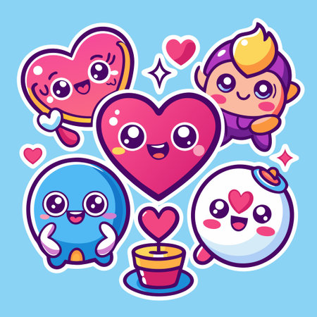 Cute cartoon heart character designs with a blue sky background.のイラスト素材