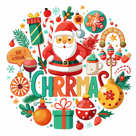 Festive Christmas Illustration with Santa, Ornaments, and Gifts.のイラスト素材