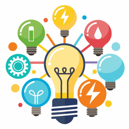 Bright yellow light bulb with colourful light bulbs surrounding it on a white background.のイラスト素材