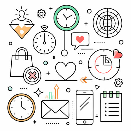 Line Art Design with Clock, Heart, Smartphone, Shopping Bag, Graph, Email, and Checklist.のイラスト素材