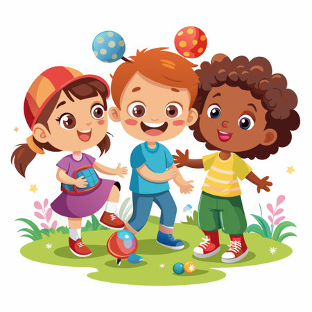 Three happy children playing with balls in a green field.のイラスト素材