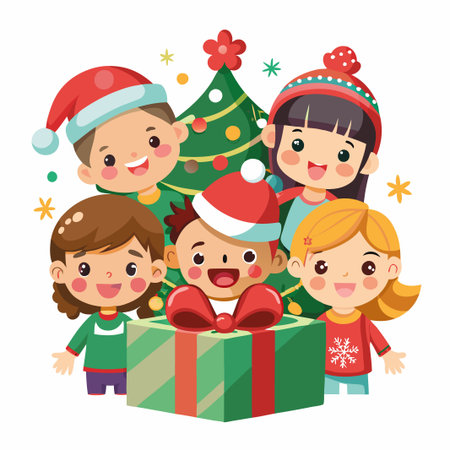 Four smiling children with Santa hats stand around a big Christmas gift box, a decorated tree behind them.のイラスト素材