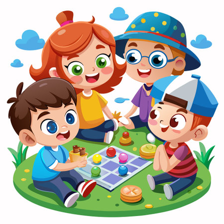 Four happy children are playing a board game outdoors on a green grassy patch.のイラスト素材