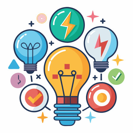 Colorful lightbulbs with lightning bolts, check marks, and stars.のイラスト素材