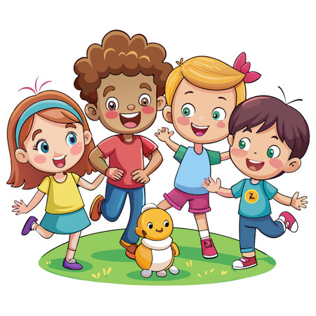 Four happy kids are standing on a green field. They are all smiling and looking at the camera. There is a toy chicken in the middle of the group.のイラスト素材