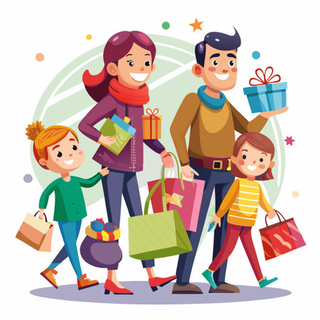 Happy family with shopping bags and gifts.のイラスト素材