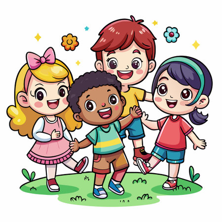 Four cartoon children of diverse ethnicity standing together on a green field.のイラスト素材