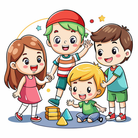 Four happy children playing with blocks and shapes on a rug.のイラスト素材