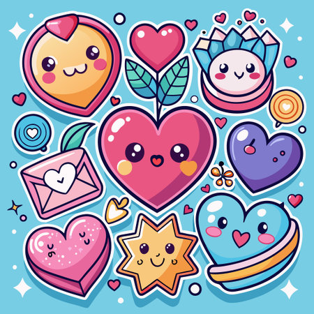 Cute cartoon heart stickers with different designs, shapes, and expressions on blue background.のイラスト素材