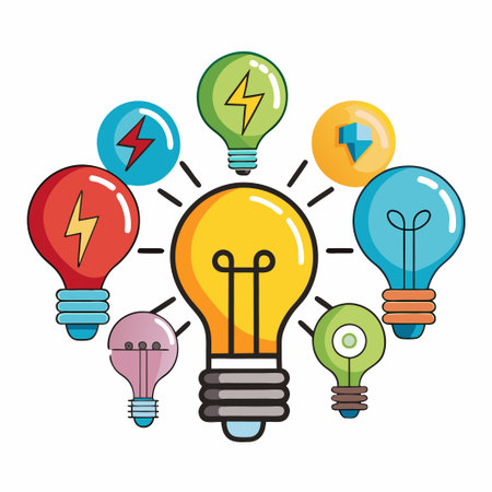 Bright yellow light bulb in the center surrounded by other colorful light bulbs.のイラスト素材