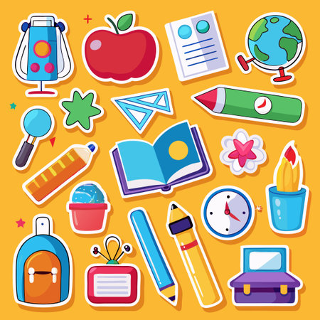 Colorful school supplies stickers on yellow background.のイラスト素材