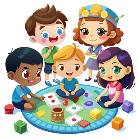 Four diverse children playing with colorful blocks on a green and blue mat.のイラスト素材