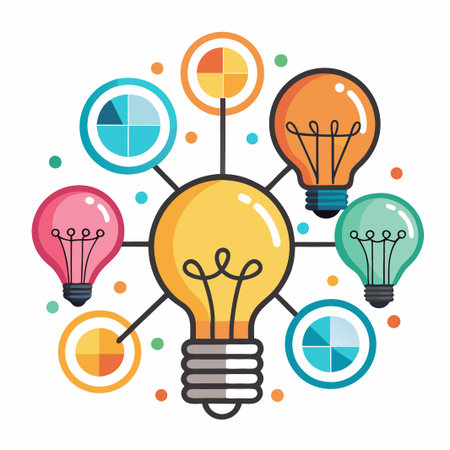 Light bulbs connected with lines and pie charts, symbolizing ideas, innovation, and teamwork.のイラスト素材